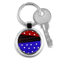 Mixed Polka Dots And Lines Pattern, Blue, Red, Brown Key Chain (round) by Casemiro