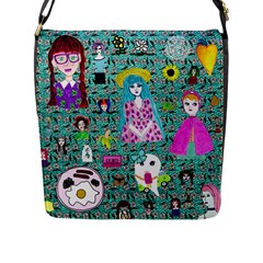 Blue Denim And Drawings Daisies Aqua Flap Closure Messenger Bag (l) by snowwhitegirl