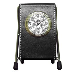 Line Art Black And White Rose Pen Holder Desk Clock by MintanArt