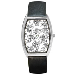 Line Art Black And White Rose Barrel Style Metal Watch by MintanArt