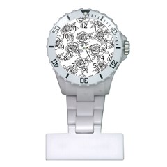 Line Art Black And White Rose Plastic Nurses Watch by MintanArt