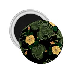 Tropical Vintage Yellow Hibiscus Floral Green Leaves Seamless Pattern Black Background  2 25  Magnets by Sobalvarro