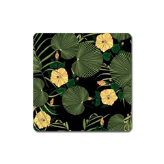 Tropical Vintage Yellow Hibiscus Floral Green Leaves Seamless Pattern Black Background  Square Magnet by Sobalvarro