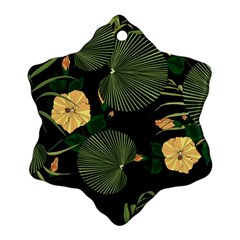 Tropical Vintage Yellow Hibiscus Floral Green Leaves Seamless Pattern Black Background  Ornament (snowflake) by Sobalvarro