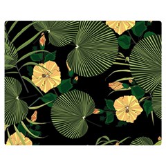 Tropical Vintage Yellow Hibiscus Floral Green Leaves Seamless Pattern Black Background  Double Sided Flano Blanket (medium)  by Sobalvarro