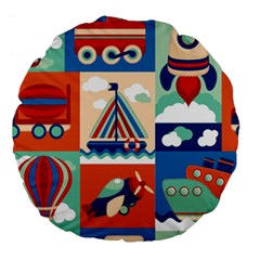 Toy-transport-cartoon-seamless-pattern-with-airplane-aerostat-sail-yacht-vector-illustration Large 18  Premium Round Cushions by Jancukart