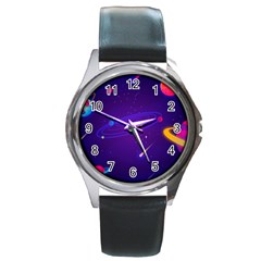 Cartoon Galaxy With Stars Background Round Metal Watch by danenraven