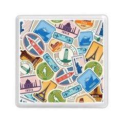 Travel Pattern Immigration Stamps Stickers With Historical Cultural Objects Travelling Visa Immigran Memory Card Reader (square) by Pakemis
