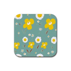 Daisy Flowers Yellow White Brown Sage Green  Rubber Coaster (square) by Mazipoodles