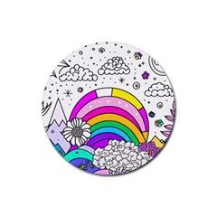 Rainbow Fun Cute Minimal Doodle Drawing Art Rubber Coaster (round) by Ravend