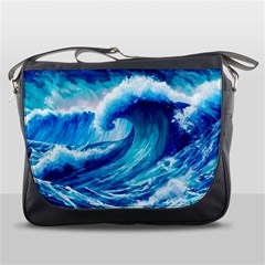 Tsunami Tidal Wave Ocean Waves Sea Nature Water Blue Painting Messenger Bag by Ravend