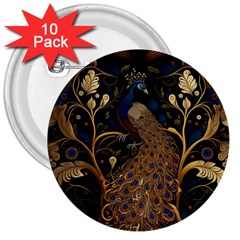 Peacock Plumage Bird Decorative Pattern Graceful 3  Buttons (10 Pack)  by Ravend