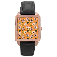 Flower Orange Pattern Floral Rose Gold Leather Watch  by Dutashop