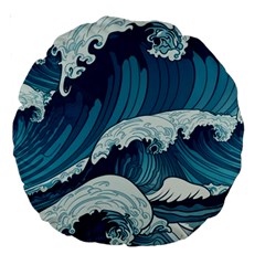 Waves Ocean Sea Pattern Water Tsunami Rough Seas Large 18  Premium Round Cushions by Pakemis
