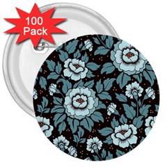 Vintage Floral Pattern Blue Damask Pattern Blue Vintage 3  Buttons (100 Pack)  by Semog4