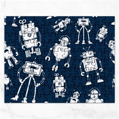 White-robot-blue-seamless-pattern Rectangular Jigsaw Puzzl by Salman4z