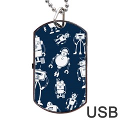 White-robot-blue-seamless-pattern Dog Tag Usb Flash (one Side) by Salman4z