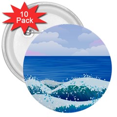 Illustration Landscape Sea Ocean Waves Beach Blue 3  Buttons (10 Pack)  by Mog4mog4
