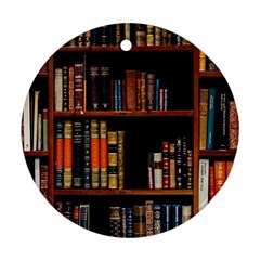 Assorted Title Of Books Piled In The Shelves Assorted Book Lot Inside The Wooden Shelf Round Ornament (two Sides) by 99art