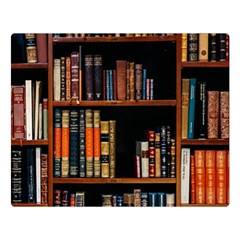 Assorted Title Of Books Piled In The Shelves Assorted Book Lot Inside The Wooden Shelf Premium Plush Fleece Blanket (large) by 99art