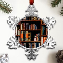 Assorted Title Of Books Piled In The Shelves Assorted Book Lot Inside The Wooden Shelf Metal Small Snowflake Ornament by 99art