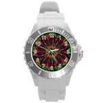 Multicolored Flower Mandala Wallpaper Kaleidoscope Pattern Round Plastic Sport Watch (L) Front