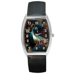 Peacock Bird Feathers Plumage Colorful Texture Abstract Barrel Style Metal Watch by Wav3s