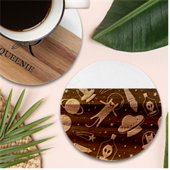 Seamless-pattern-with-funny-aliens-cat-galaxy Marble Wood Coaster (round) by Wav3s