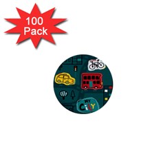Seamless Pattern With Vehicles Building Road 1  Mini Buttons (100 Pack)  by Cowasu