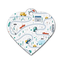 Cute-children-s-seamless-pattern-with-cars-road-park-houses-white-background-illustration-town Dog Tag Heart (two Sides) by uniart180623