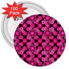 Bitesize Flowers Pearls And Donuts Fuchsia Black 3  Buttons (100 Pack)  by Mazipoodles