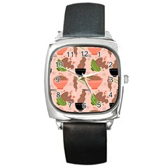Doodle Yakisoba Seamless Pattern Background Cartoon Japanese Street Food Square Metal Watch by Grandong
