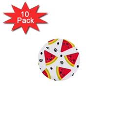 Cute Smiling Watermelon Seamless Pattern White Background 1  Mini Buttons (10 Pack)  by Simbadda