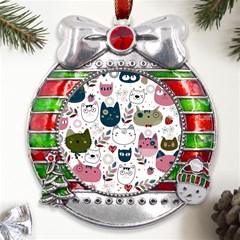 Pattern With Cute Cat Heads Metal X mas Ribbon With Red Crystal Round Ornament by Simbadda