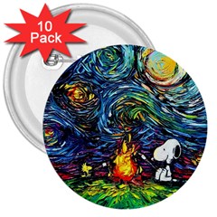 Dog Cartoon Starry Night Print Van Gogh Parody 3  Buttons (10 Pack)  by Sarkoni