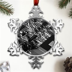 Black And Gray Circuit Board Computer Microchip Digital Art Metal Small Snowflake Ornament by Bedest