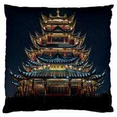 Blue Yellow And Green Lighted Pagoda Tower Large Premium Plush Fleece Cushion Case (one Side) by Modalart