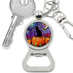 Halloween Art Starry Night Hallows Eve Black Cat Pumpkin Bottle Opener Key Chain by Modalart