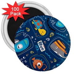 Seamless Pattern Vector Submarine With Sea Animals Cartoon 3  Magnets (100 Pack) by Bedest