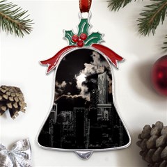 City Night Moon Skyline Skyscraper Metal Holly Leaf Bell Ornament by Grandong