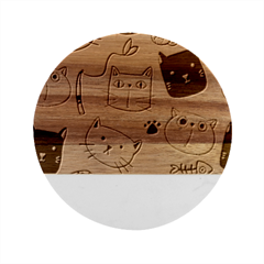 Cute Hand Drawn Cat Seamless Pattern Marble Wood Coaster (round) by Bedest