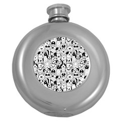 Seamless Pattern With Black White Doodle Dogs Round Hip Flask (5 Oz) by Grandong