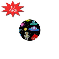 Seamless Pattern With Space Objects Ufo Rockets Aliens Hand Drawn Elements Space 1  Mini Buttons (10 Pack)  by Hannah976