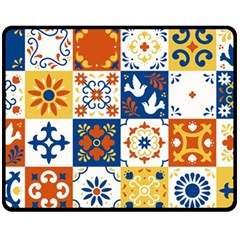 Mexican Talavera Pattern Ceramic Tiles With Flower Leaves Bird Ornaments Traditional Majolica Style Two Sides Fleece Blanket (medium) by Ket1n9
