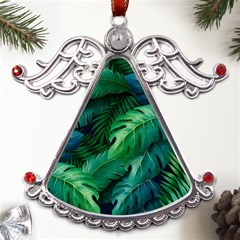 Tropical Green Leaves Background Metal Angel With Crystal Ornament by Hannah976
