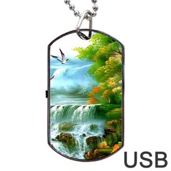 Paradise Forest Painting Bird Deer Waterfalls Dog Tag Usb Flash (two Sides) by Ndabl3x