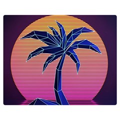 Abstract 3d Art Holiday Island Palm Tree Pink Purple Summer Sunset Water Premium Plush Fleece Blanket (medium) by Cemarart