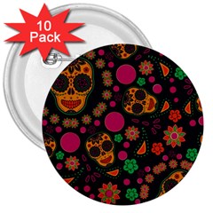 Skull Colorful Floral Flower Head 3  Buttons (10 Pack)  by Cemarart