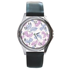 Leaves Line Art Background Round Metal Watch by Cemarart