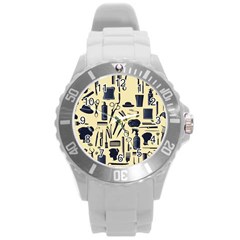 Elegant Hairdresser Pattern Cream Round Plastic Sport Watch (l) by TetiBright